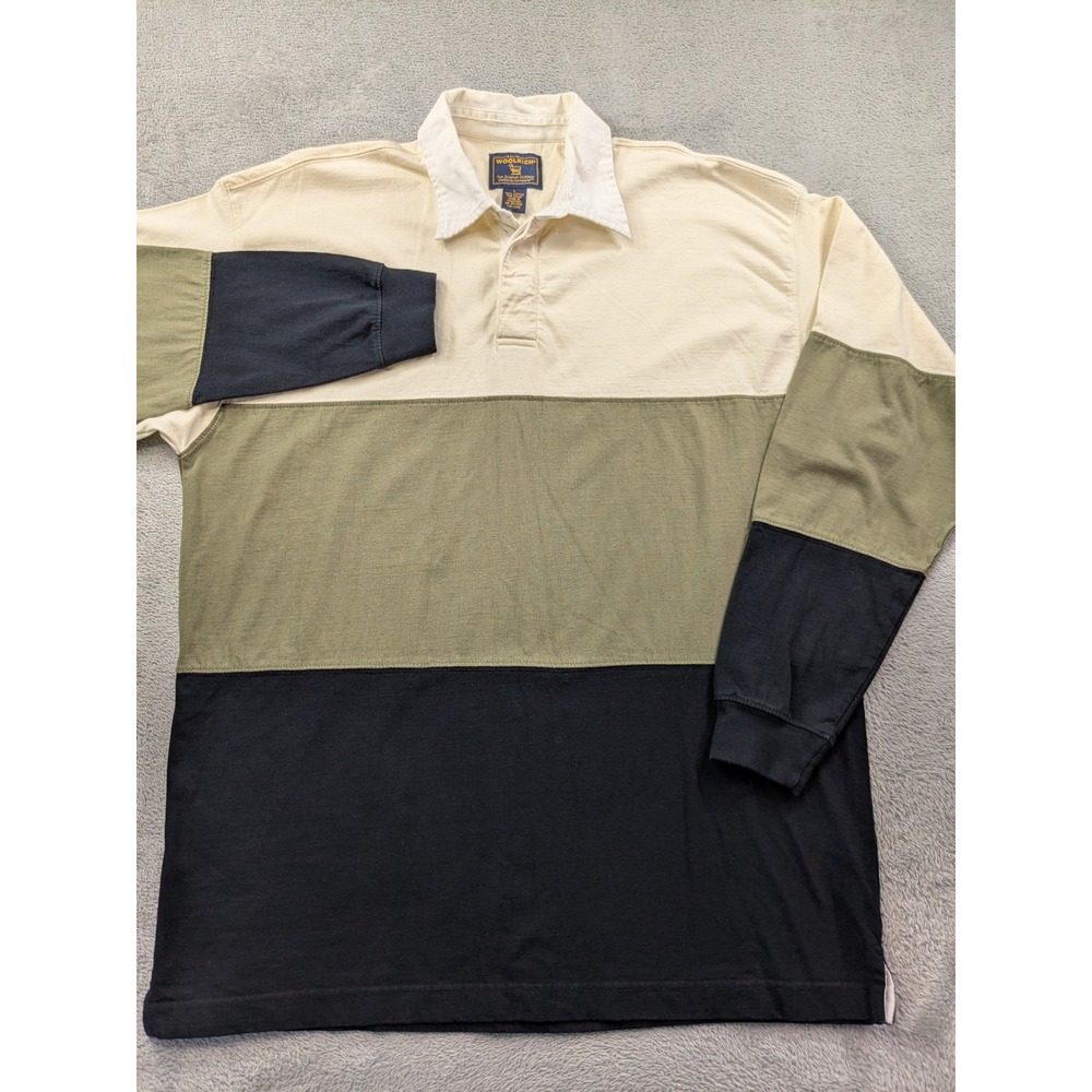 Woolrich Mens Large Rugby Shirt Long Sleeve Colorblock Cotton Green Black Cream - Picture 2 of 11